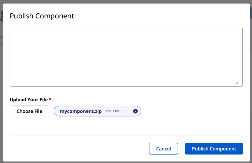 Screenshot showing Publish Component - Upload